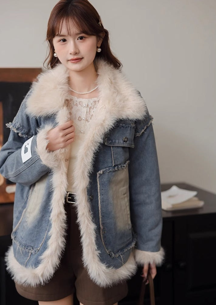 キルティングラペルブルーデニムジャケット