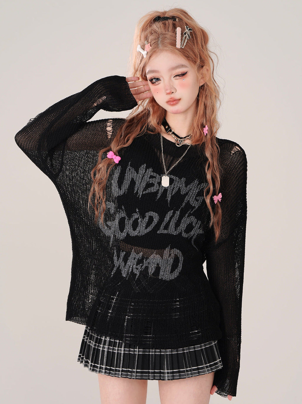 Print Ripped Knit Letter Sheer