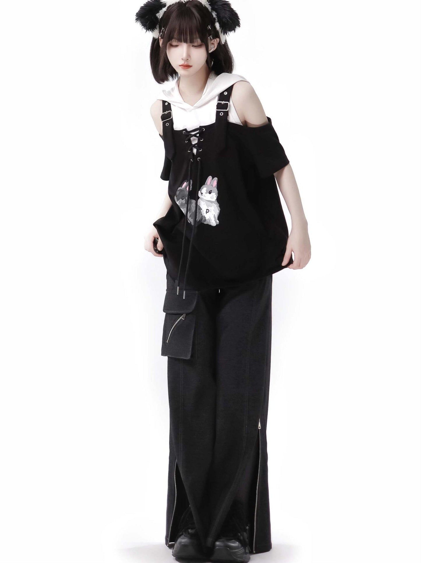 Summer Design Straps Pants Rabbit Off-Shoulder Black White Hoodie Tops Suit