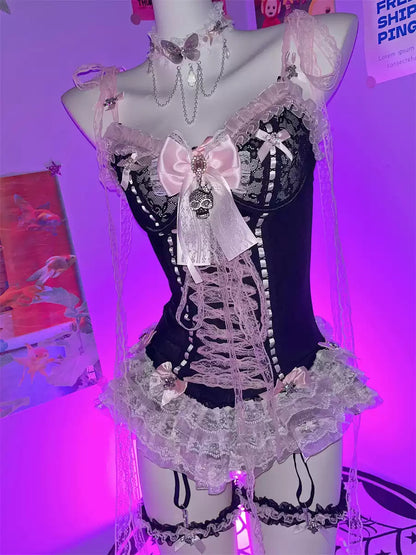 Y2K Sweet Lace Bow Skull Tank Top Set with Leg Rings