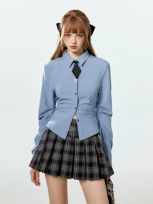 Style Tie Shirt College Waist Diamond Pleated