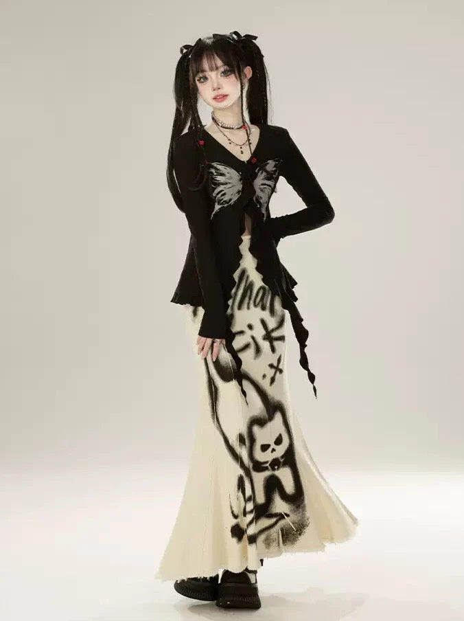 Mermaid Denim Spray Retricat Paint Skirt