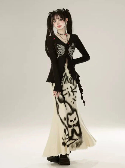 Mermaid Denim Spray Retricat Paint Skirt