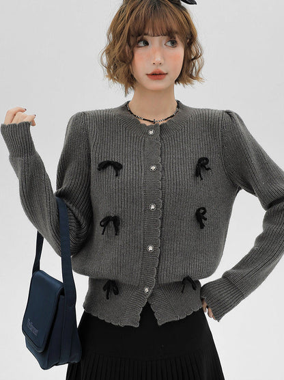 カーディガン グレー ニット フレンチリボン