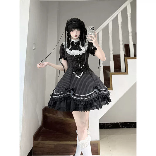 Black Shamrock Gothic Lace High Collar Striped Waist Dress