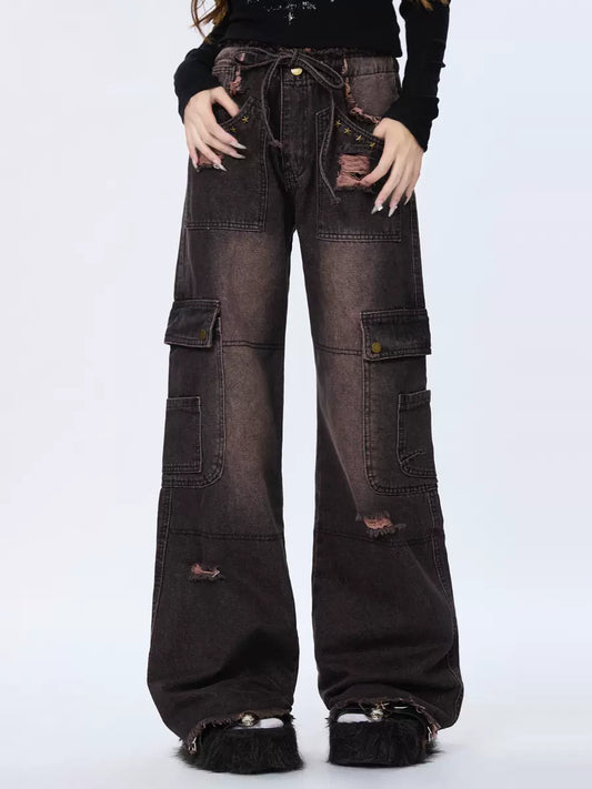 Gradient Retro Cargo Denim Damaged Black Pants
