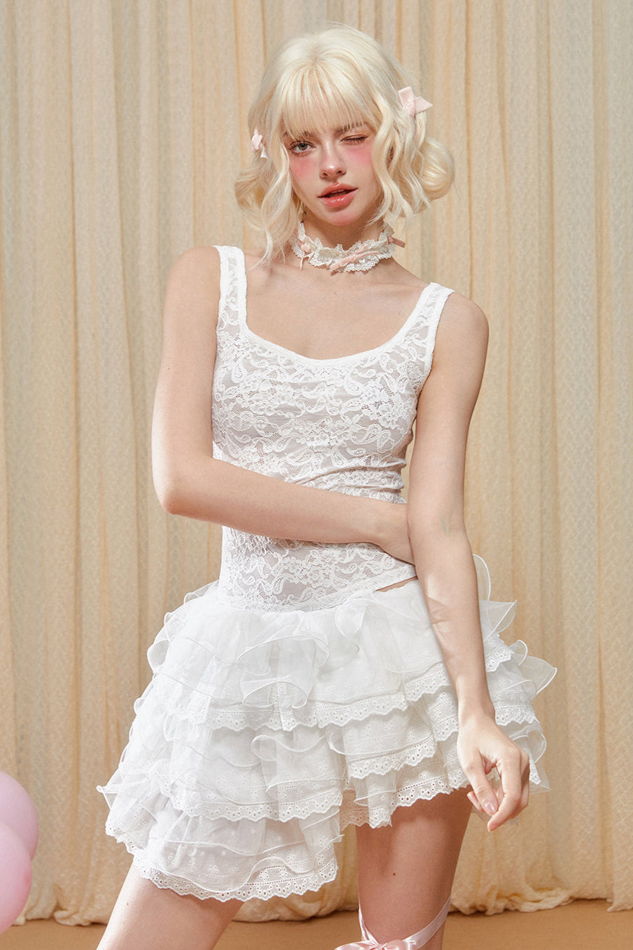 トップス レイヤードタンク レース