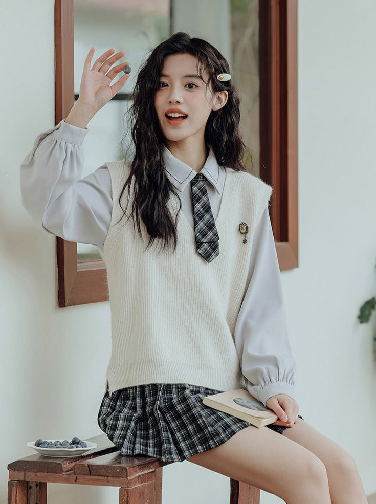 Vest College Skirt Colored Checked Knit Retro Shirt