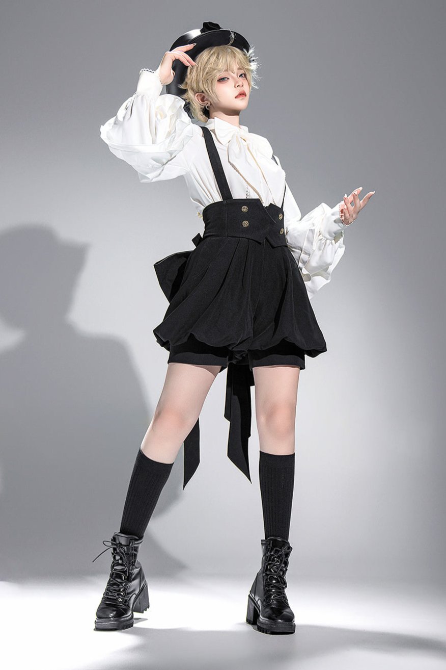 キュート+レトロショートパンツエレガントシャツリボンプリンス予約テールダーク