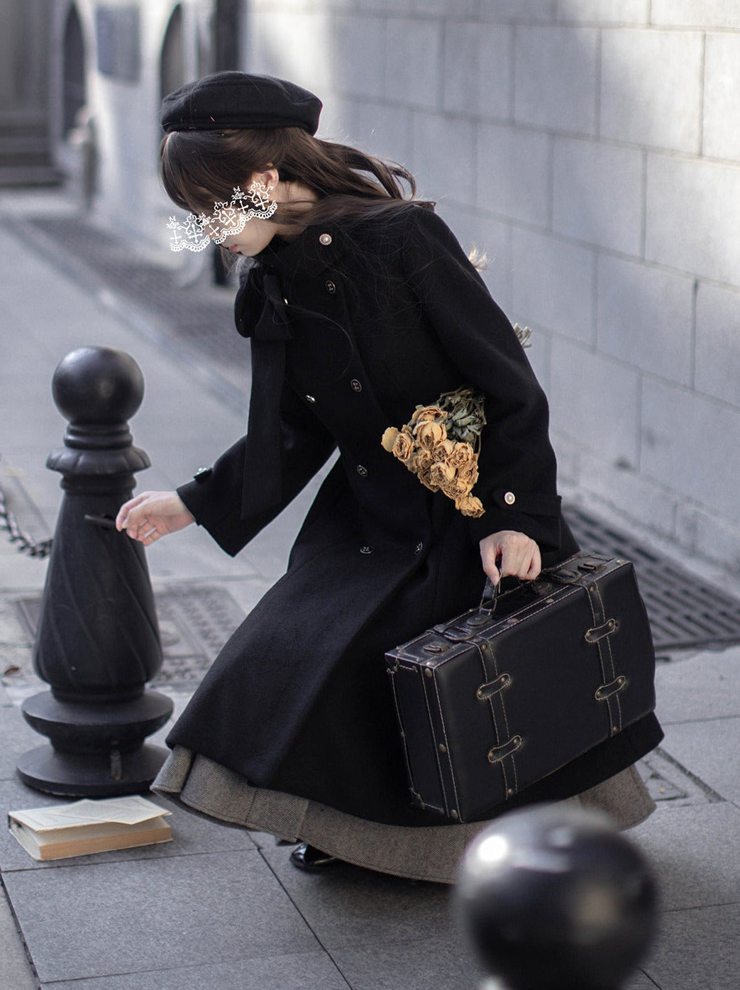 スタンドダブルブレストリボンレトロウールコートカラーエレガント