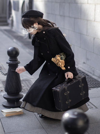 スタンドダブルブレストリボンレトロウールコートカラーエレガント