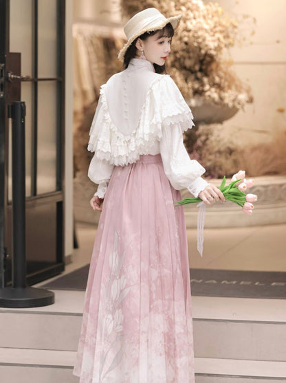 Bluse Plissee Schal Band Rock China + Süße Spitze Blumen