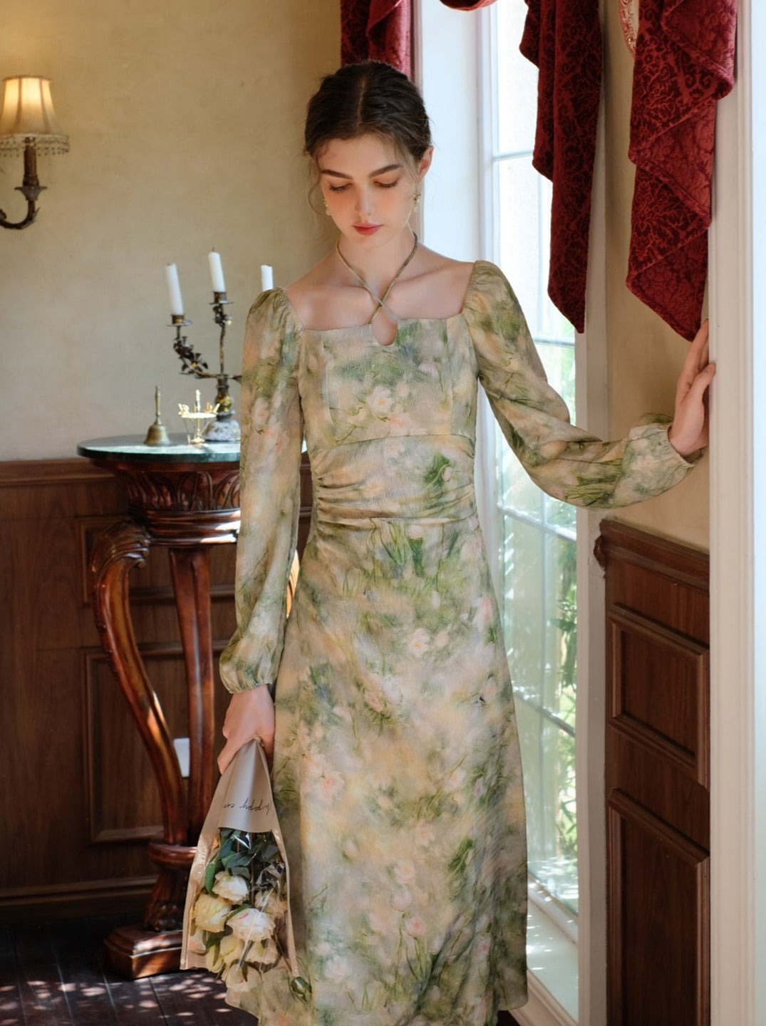 Elegant Neck Green Square Retro Dress