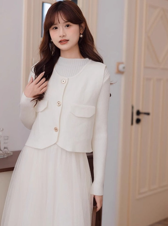 シースルー＋ショートフレグランスチュールエレガントベストドレス