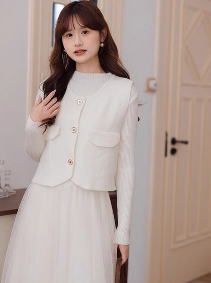 シースルー＋ショートフレグランスチュールエレガントベストドレス