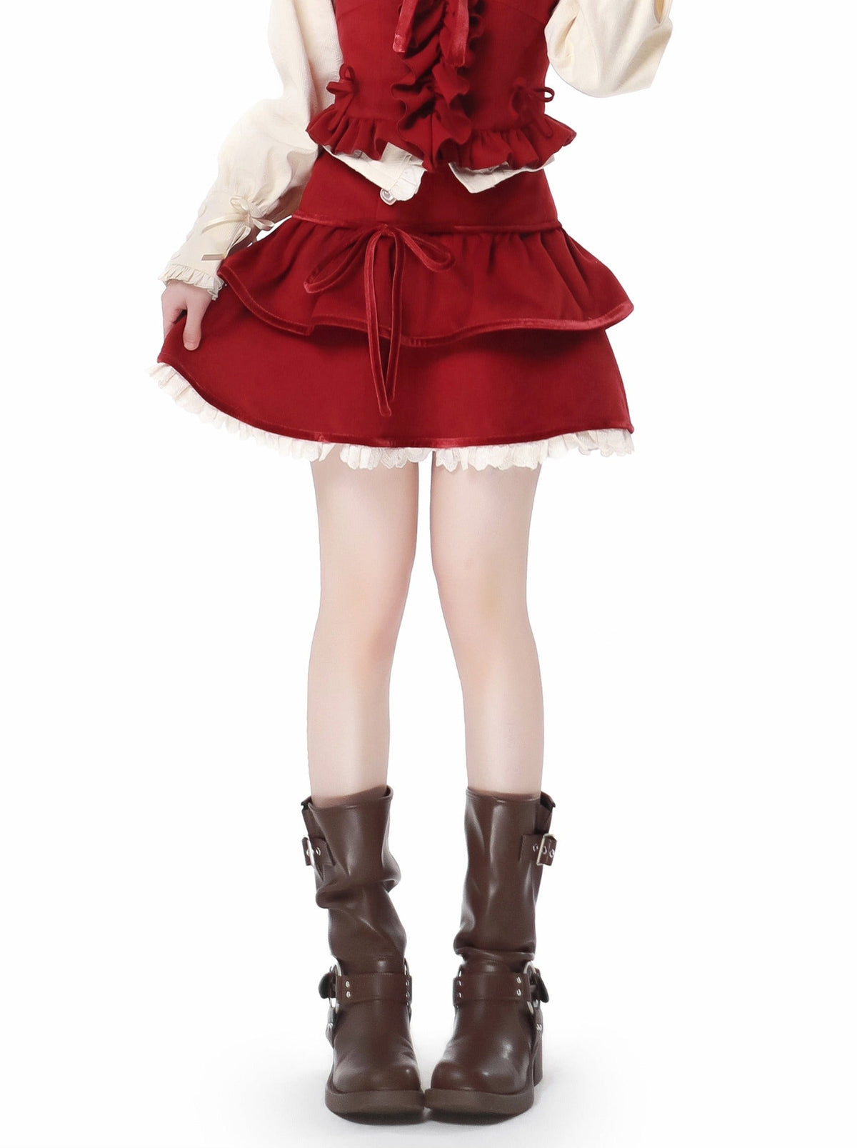 Ribbon Frill Short Jacket Singing Stand Color Dark Print Shirt Skirt Suit