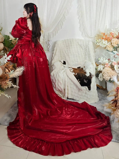 Plus Size Burgundy Satin Ball Rose Gown with Long Train Shiny Formal Dress