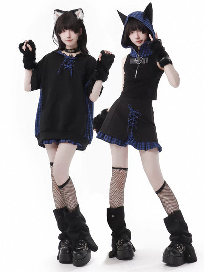 キャットブルーフィーディチェック耳デザインスーツサマーステッチストラップ