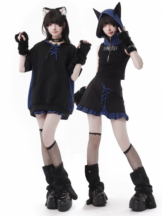 キャットブルーフィーディチェック耳デザインスーツサマーステッチストラップ