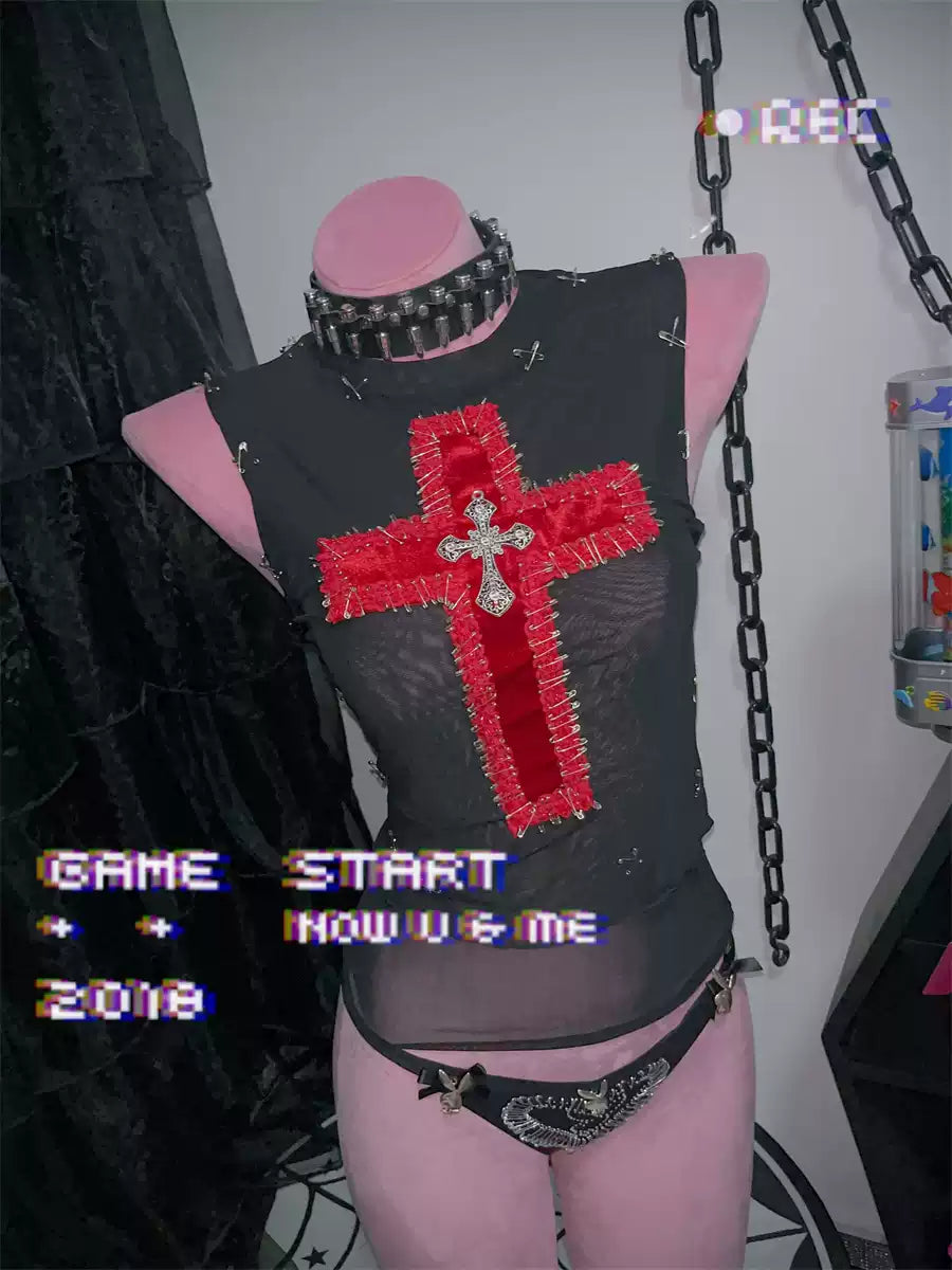 Gothic Dark Rock Punk Red Cross Vest Top