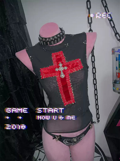 Gothic Dark Rock Punk Red Cross Vest Top