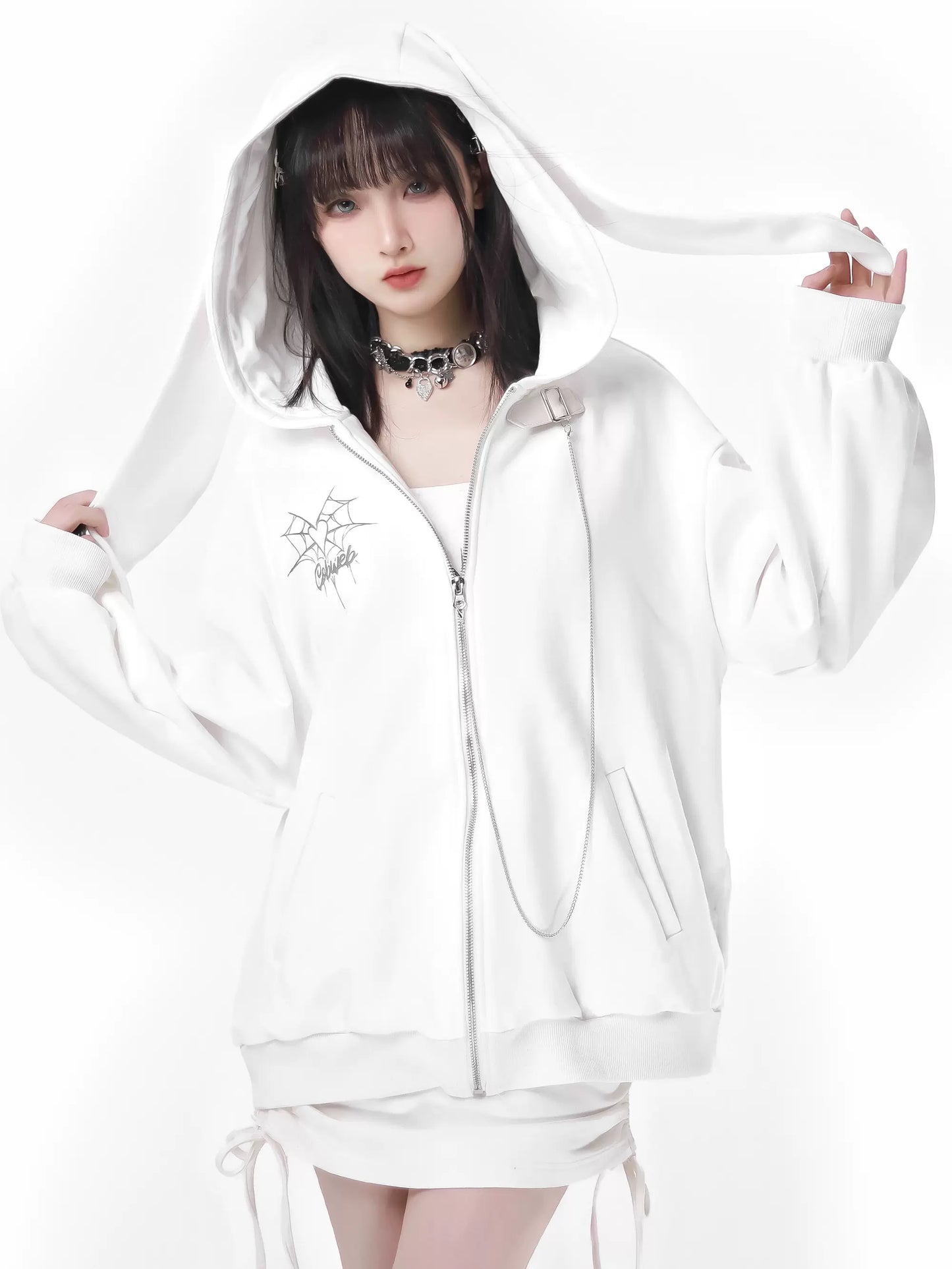 Spider Chain Slim Strap Hoodie Web Rabbit Ear