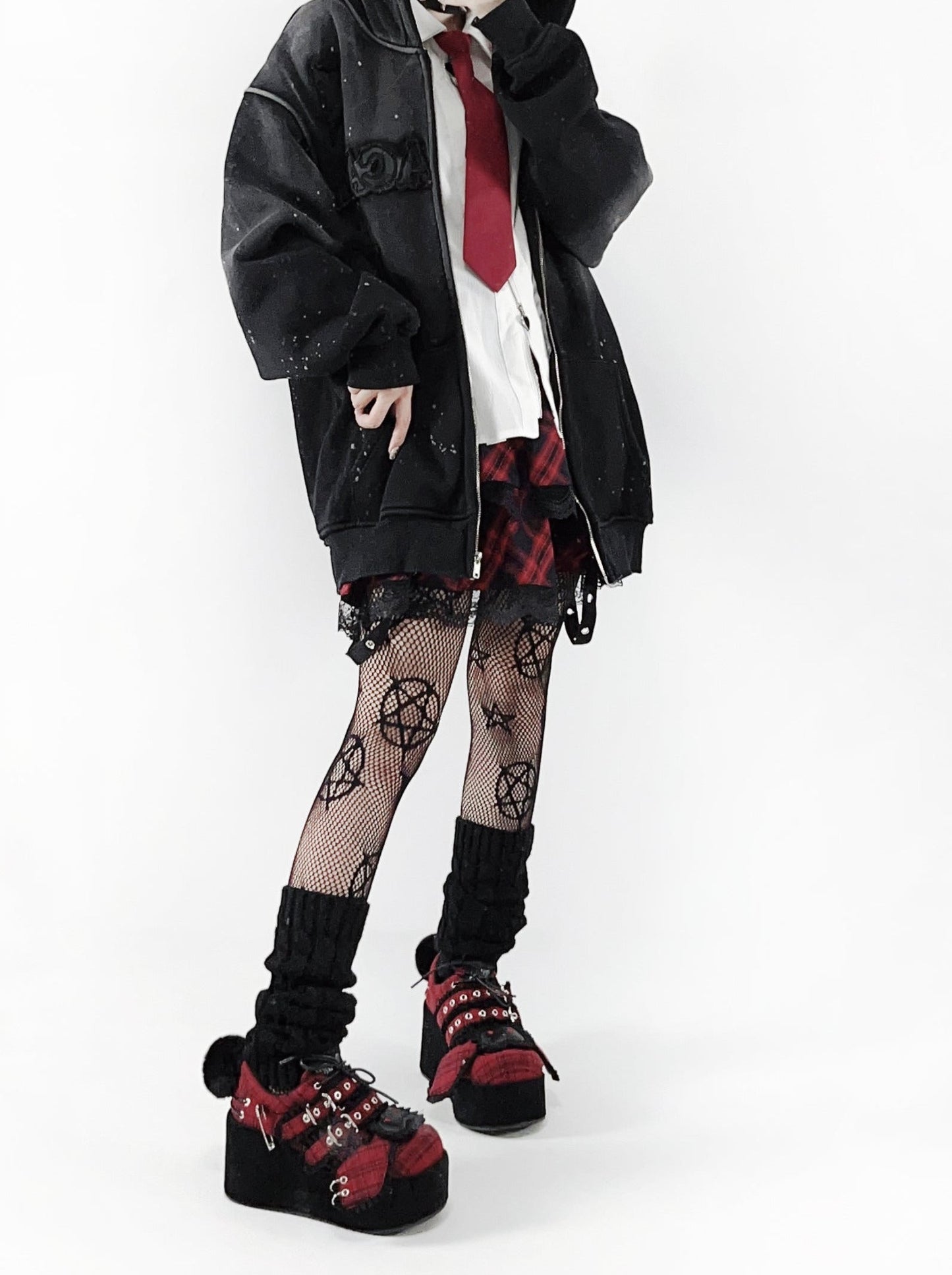 バニーシューズ ダークレッド チェックレッド オールプラットフォーム