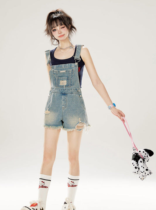 Damaged Washed Denim Shorts Overalls