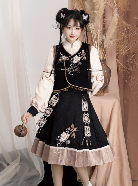 Exotic Plus Blouse Vest Flower Sleeve Bag Shoulder Balloon Flared Skirt