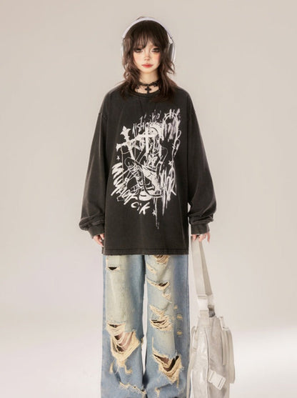 プリントトップス ネックルーズ ラウンド ダーク