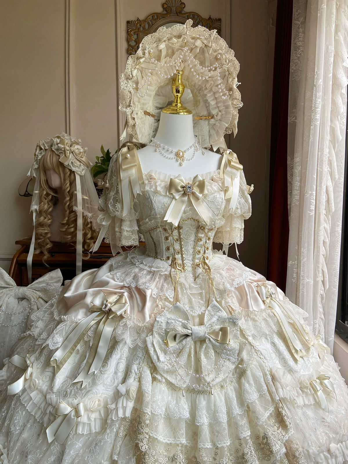Ivory Lolita princess dress styled with headwear sold separately
