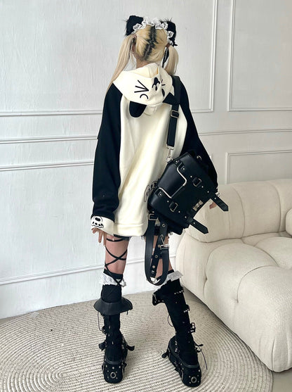 Collar Hood Hoodie Contrast Button Cat Ear Zip Horn