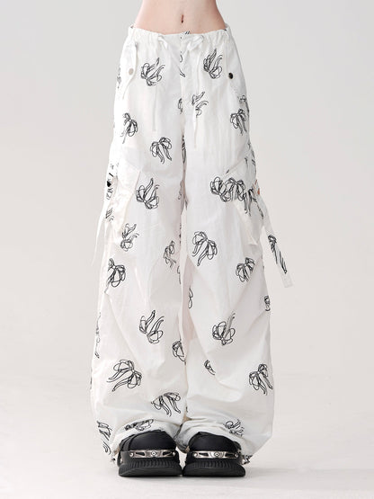 Ribbon Loose Sweet Pants White Print Pocket