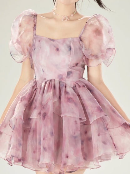 ドリームドレススリーブパープルフラワーオールドシアーパフ