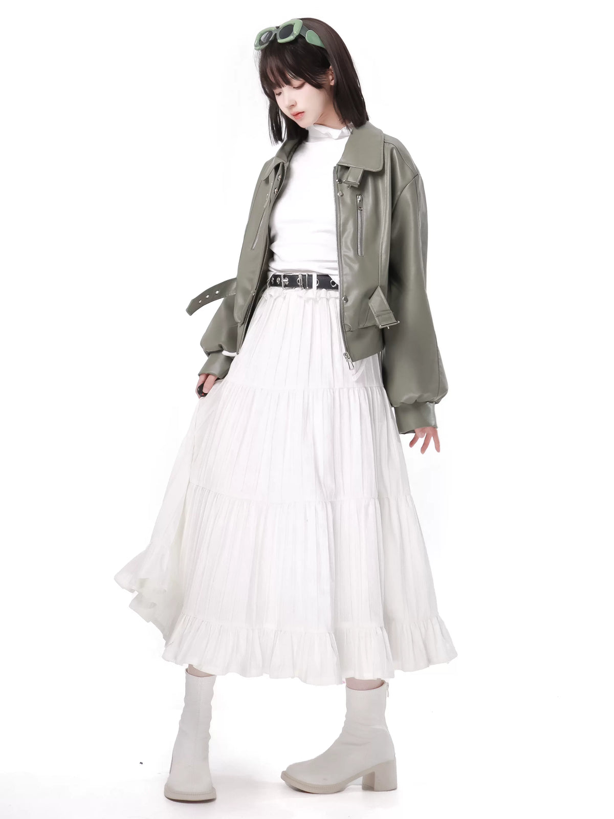 Fresh Green Silver Fox Bell Bet Leather Jacket Tops Skirt