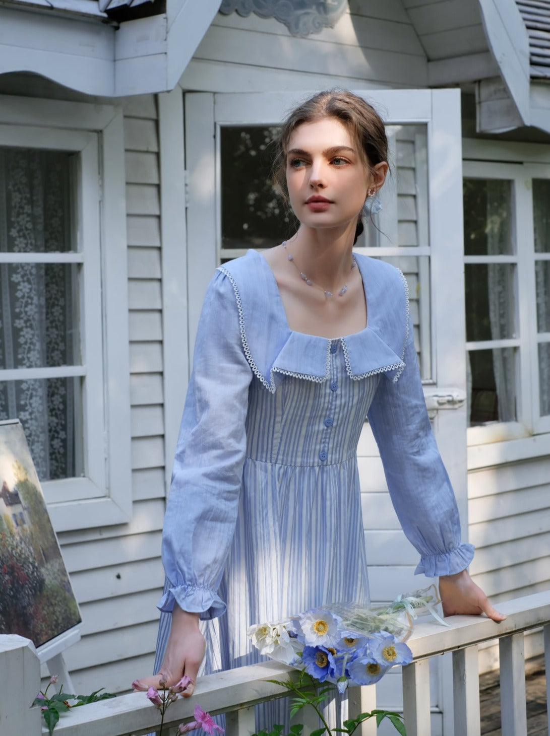 フレンチストライプフリルクイーンラペルサニードレスコースト