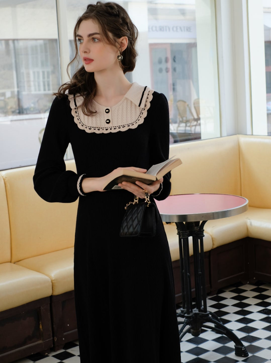 スプライシングブラックフレンチロングドレスラペルクイーンセレナーデニットクラシック