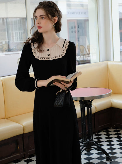 スプライシングブラックフレンチロングドレスラペルクイーンセレナーデニットクラシック