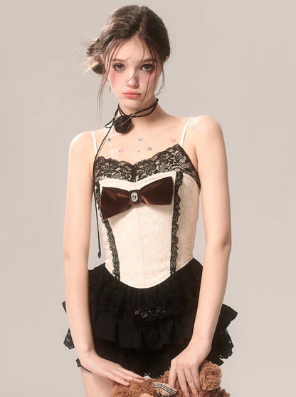 Lace Style Sleeveless French Outer Ribbon Top Camisole