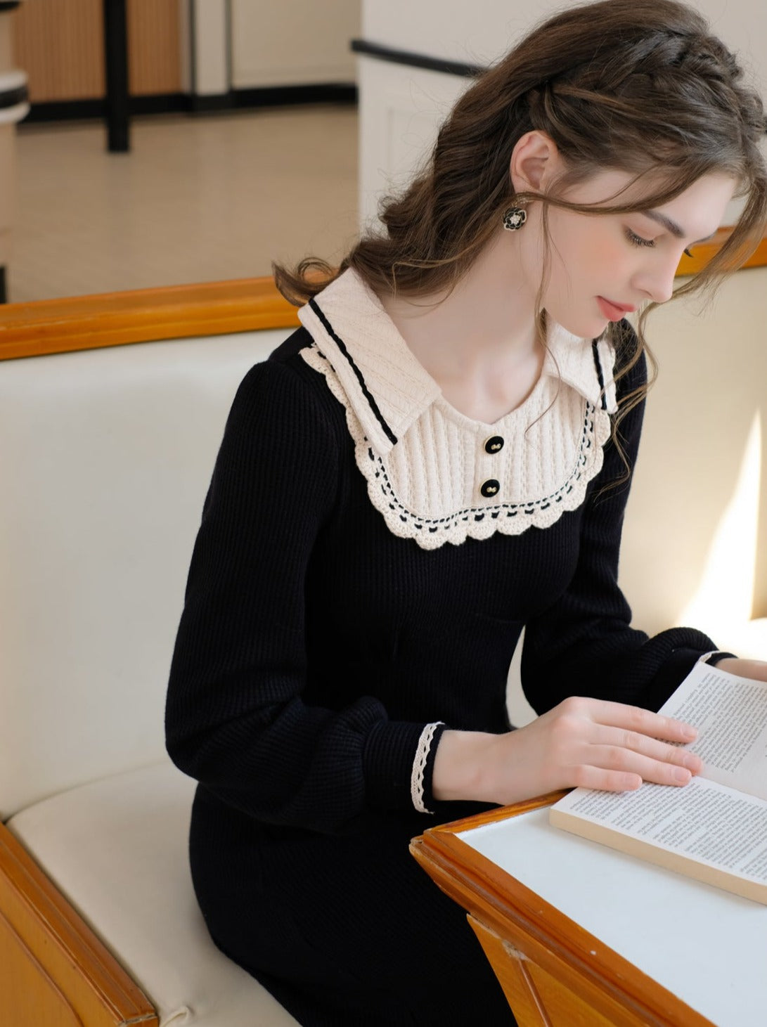 スプライシングブラックフレンチロングドレスラペルクイーンセレナーデニットクラシック