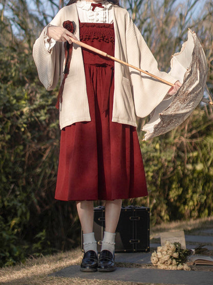 Rose Weave Suspender + Innershirt Feather + White Dress Poem Corsage + Red Ruffle Ruffle Retro Rose Jacket