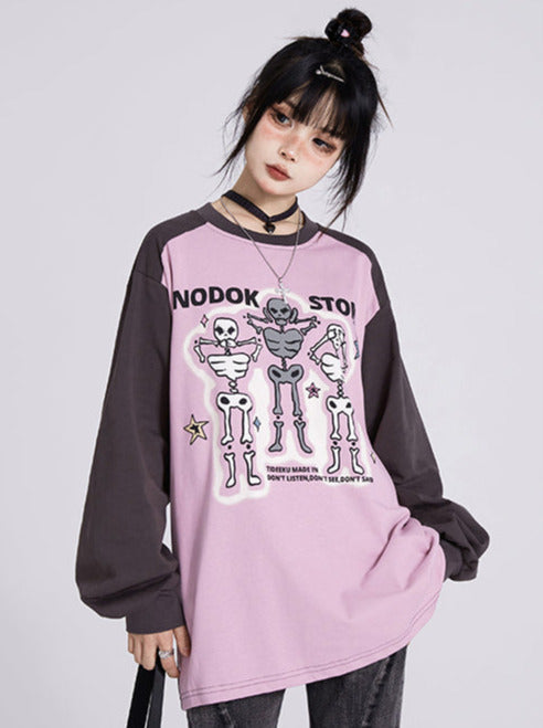 Raglan Sleeveless Skull Blues Purple Print T Long