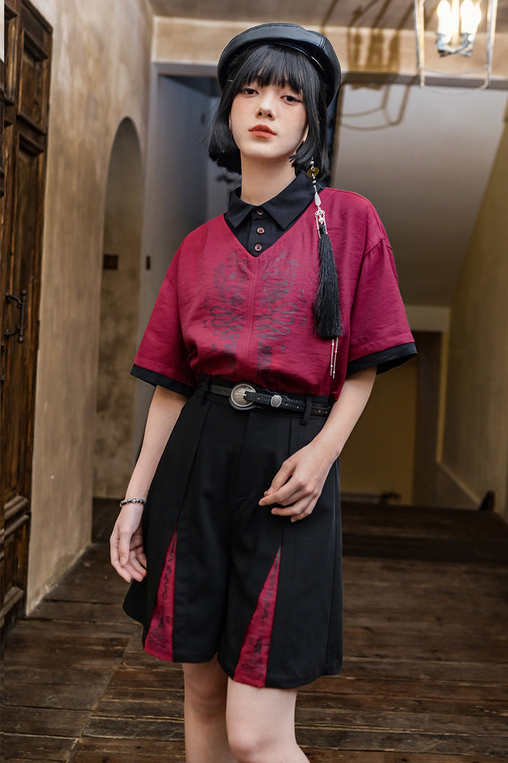 パンツ ダーク ハイウエスト チャイナ ハーフ