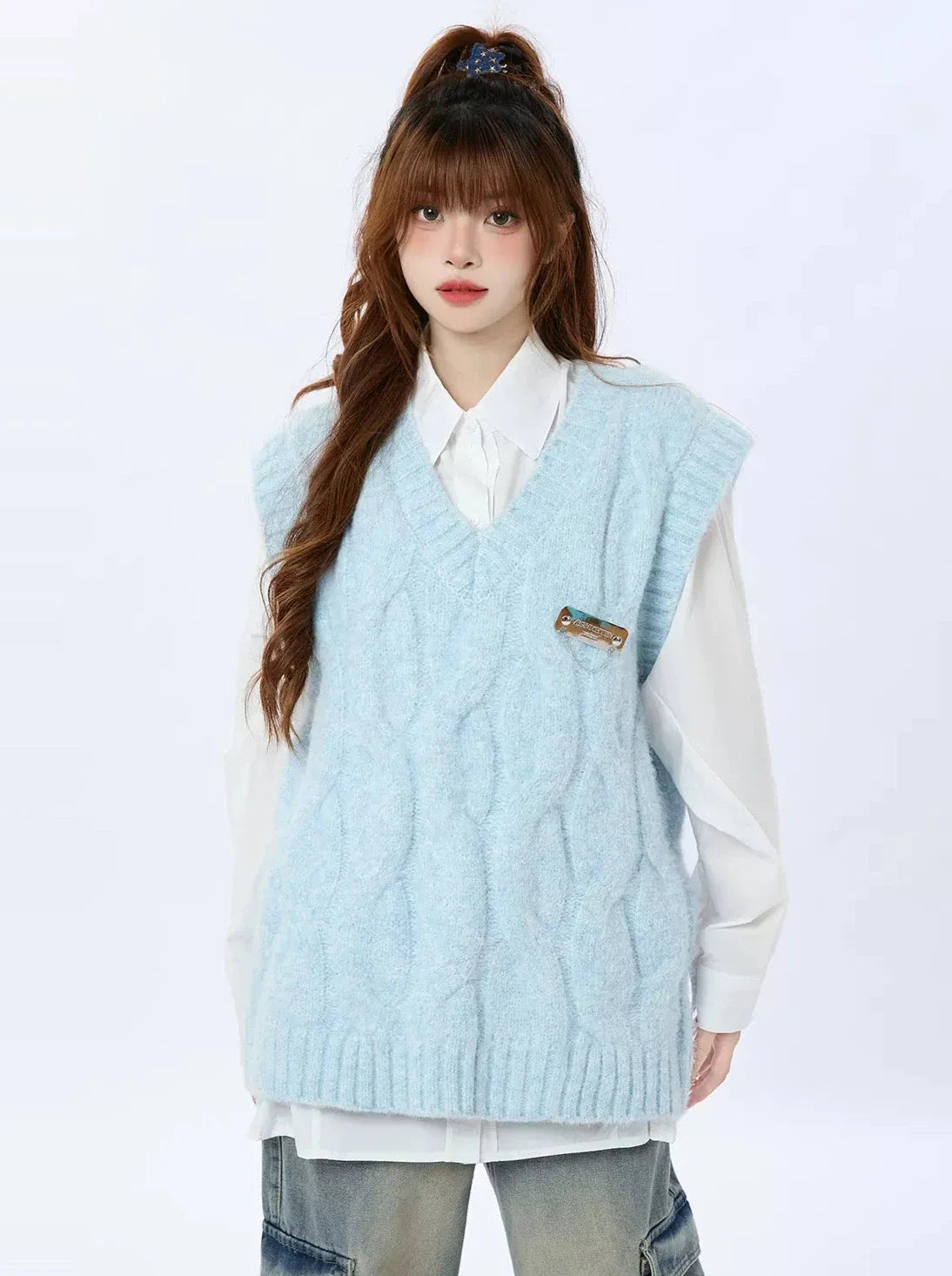 Cable Salt Blue Weste V-Ausschnitt Pullover