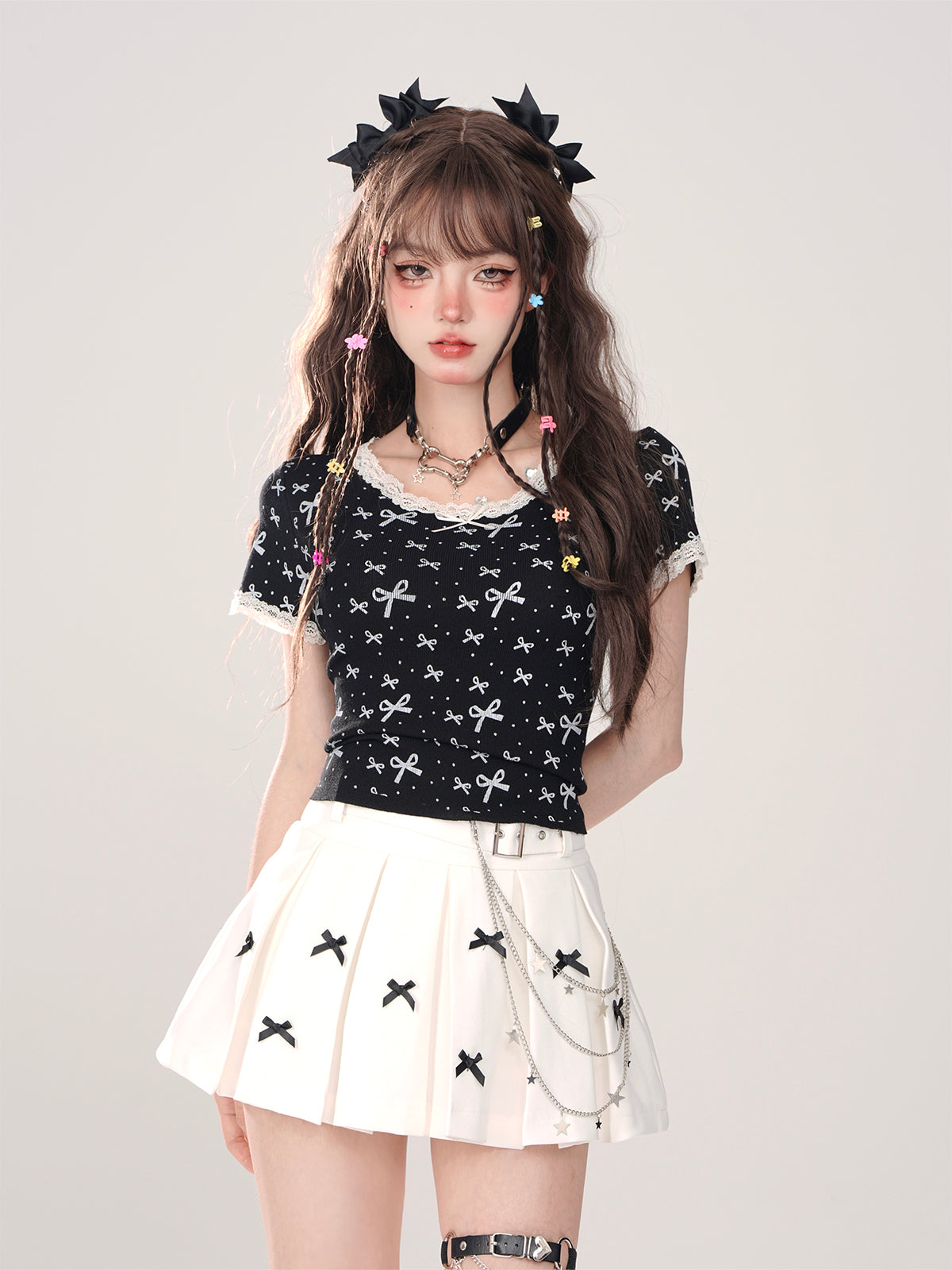 Lace Ribbon T-Shirt Girly Slim