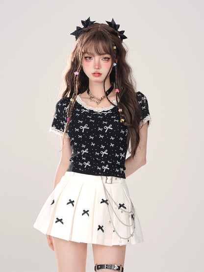 Lace Ribbon T-Shirt Girly Slim