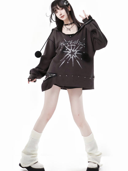 Fur Ball Zip Slit V-Neck Hoodie + Halter Neck Cami Top