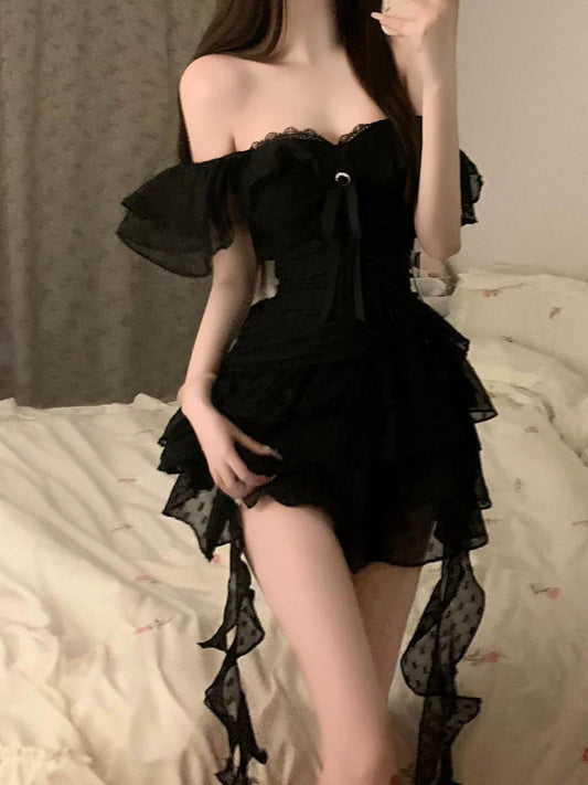 Black Asymmetric Ruffle Dress - Vacation Beach Gown (S-XL)