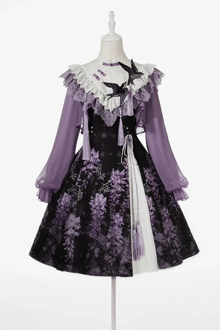 Chinese Lolita Moonlit Wisteria Purple JSK Dress + Swallow Embroidery Lace Tassel Crop Top Set
