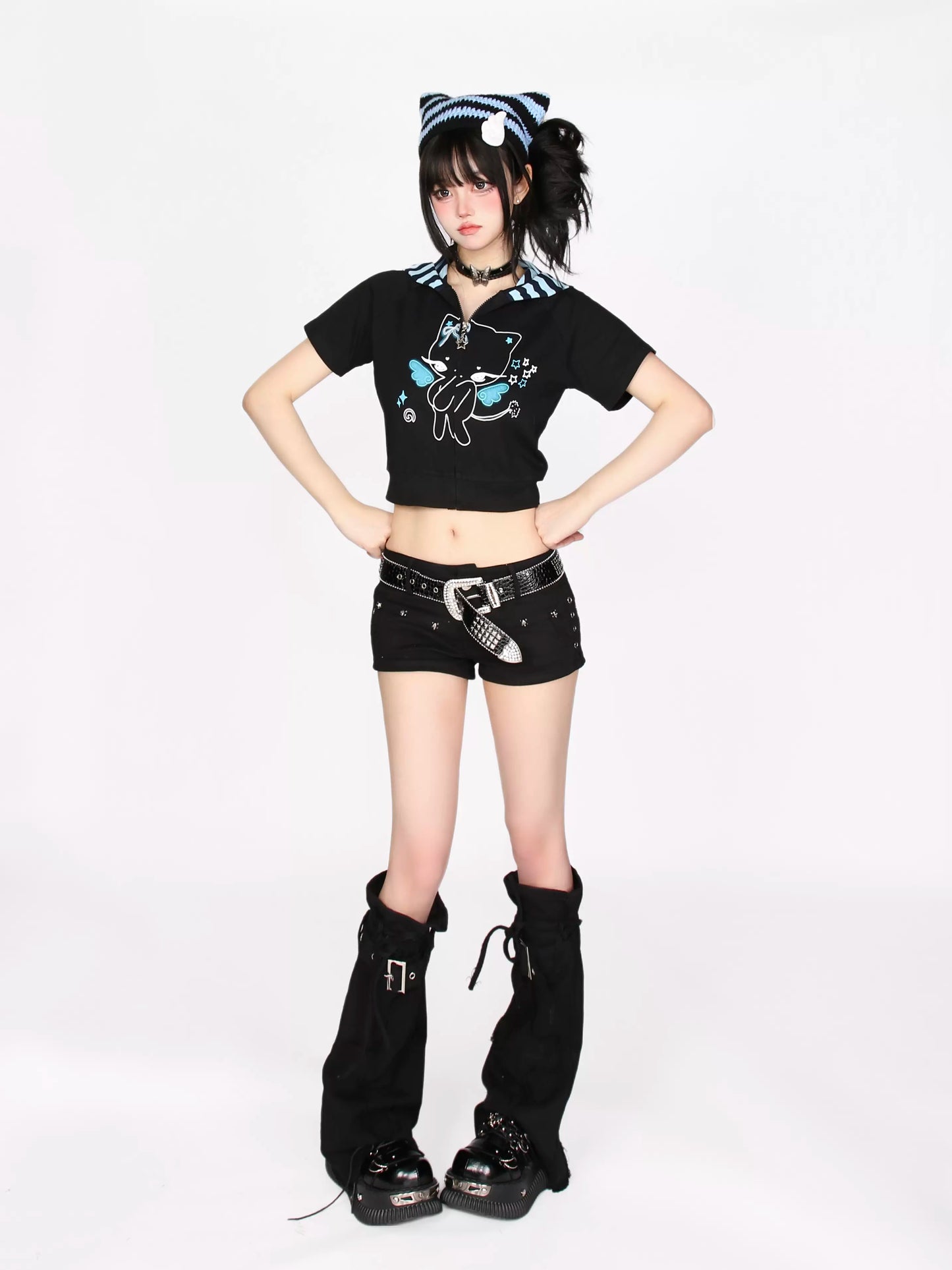 Bunny Print Short Angel Hoodie Zip Ears Cat T-Shirt